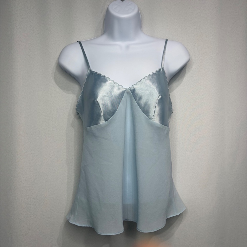 Halston Womens Light Blue Satin Scalloped Chiffon Camisole Top Small Romantic